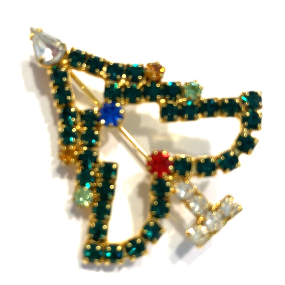 Rhinestones Christmas Tree Brooch Gold & Multicolor Mid Century Festive Pin - Picture 3 of 8